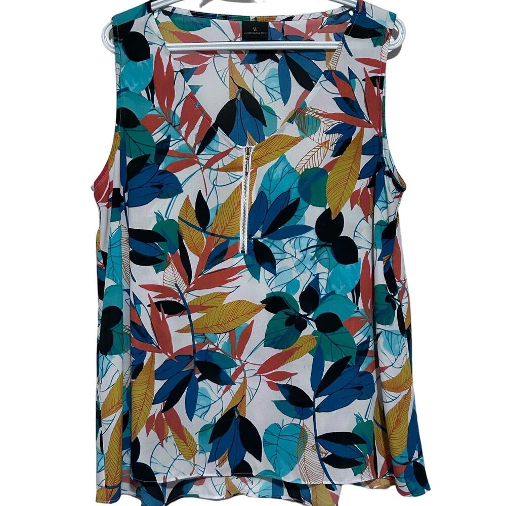 Worthington Women's Green Leave Print 3/4 Gold Zip Sleeveless Blouse Size L